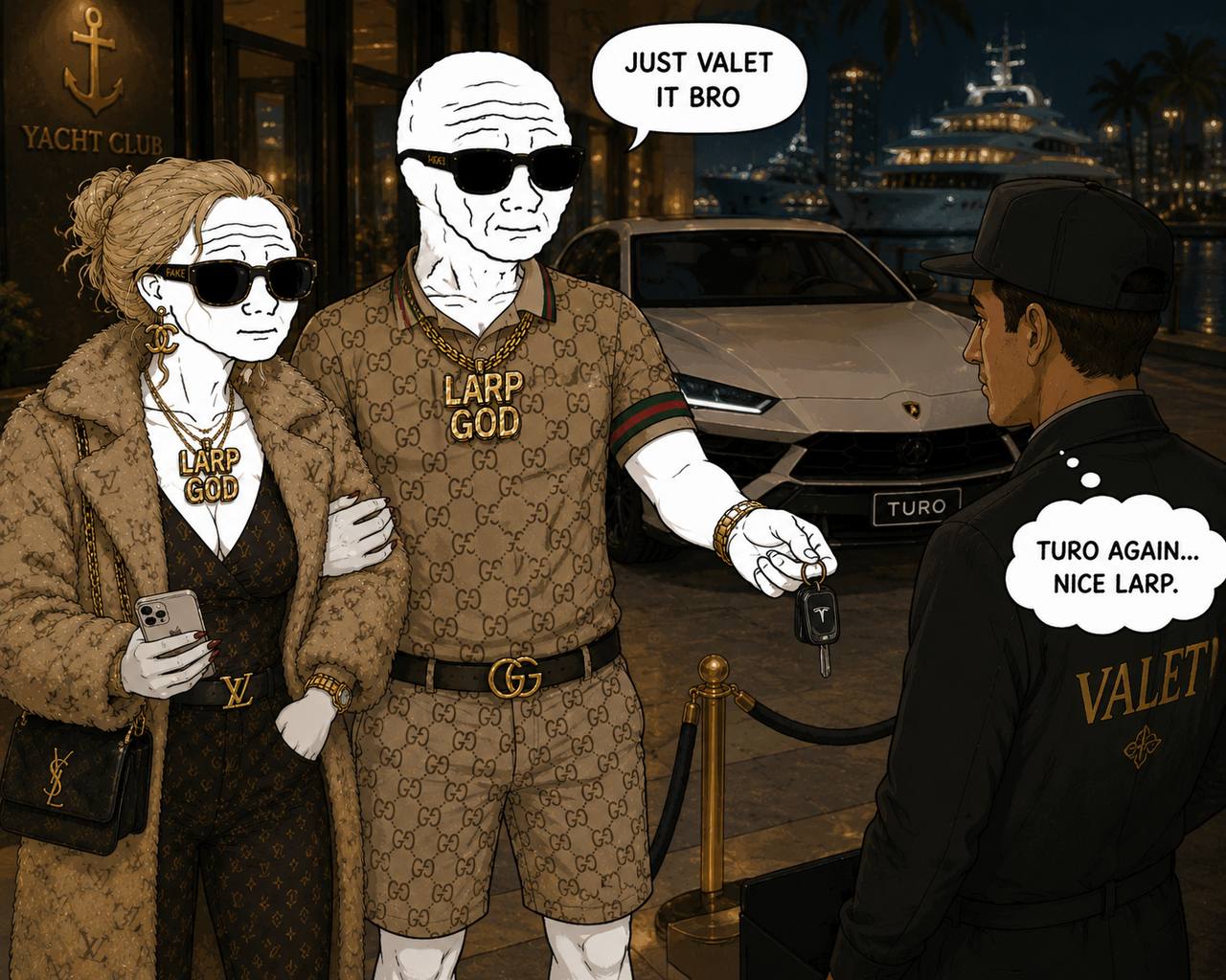 LARPGOD handing valet keys in front of a yacht club.